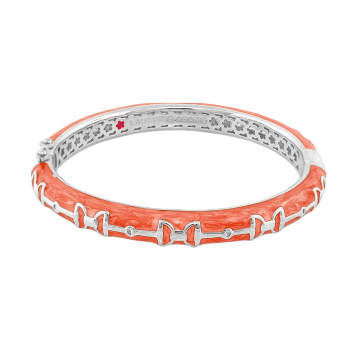 Equestrian Stirrup Bangle coral enamel, silver band, hinged safety lock Lauren G Adams on Tampa Home & Garden Store
