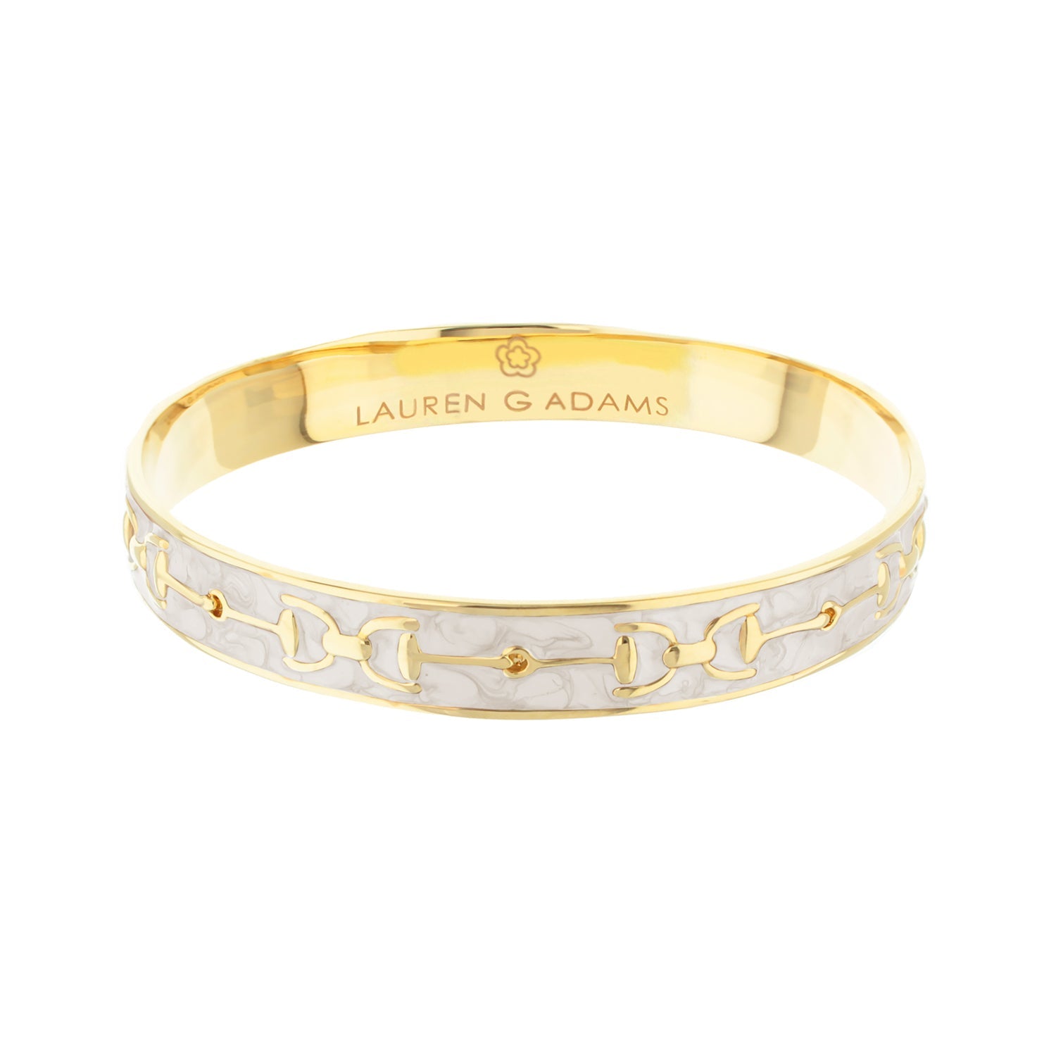 Equestrian stirrup bangle bracelet pearl white enamel with gold trim slipon Lauren G Adams on Tampa Home & Garden Store