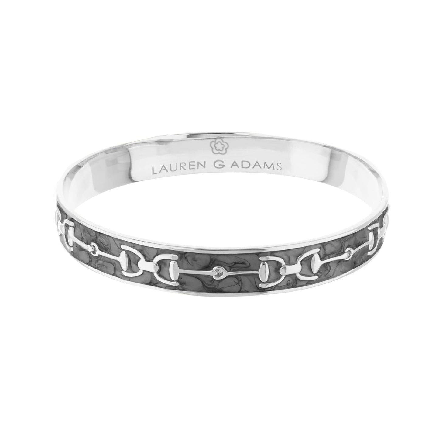 Equestrian stirrup slip-on bracelet by Lauren G Adams with silver chain-link on dark inlay on Tampa Home & Garden Store