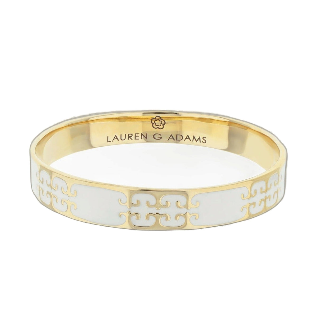 Gothic Love Slip-On Bangle, Lauren G Adams gold-tone cuff with white enamel panels and Greek key on Tampa Home & Garden Store