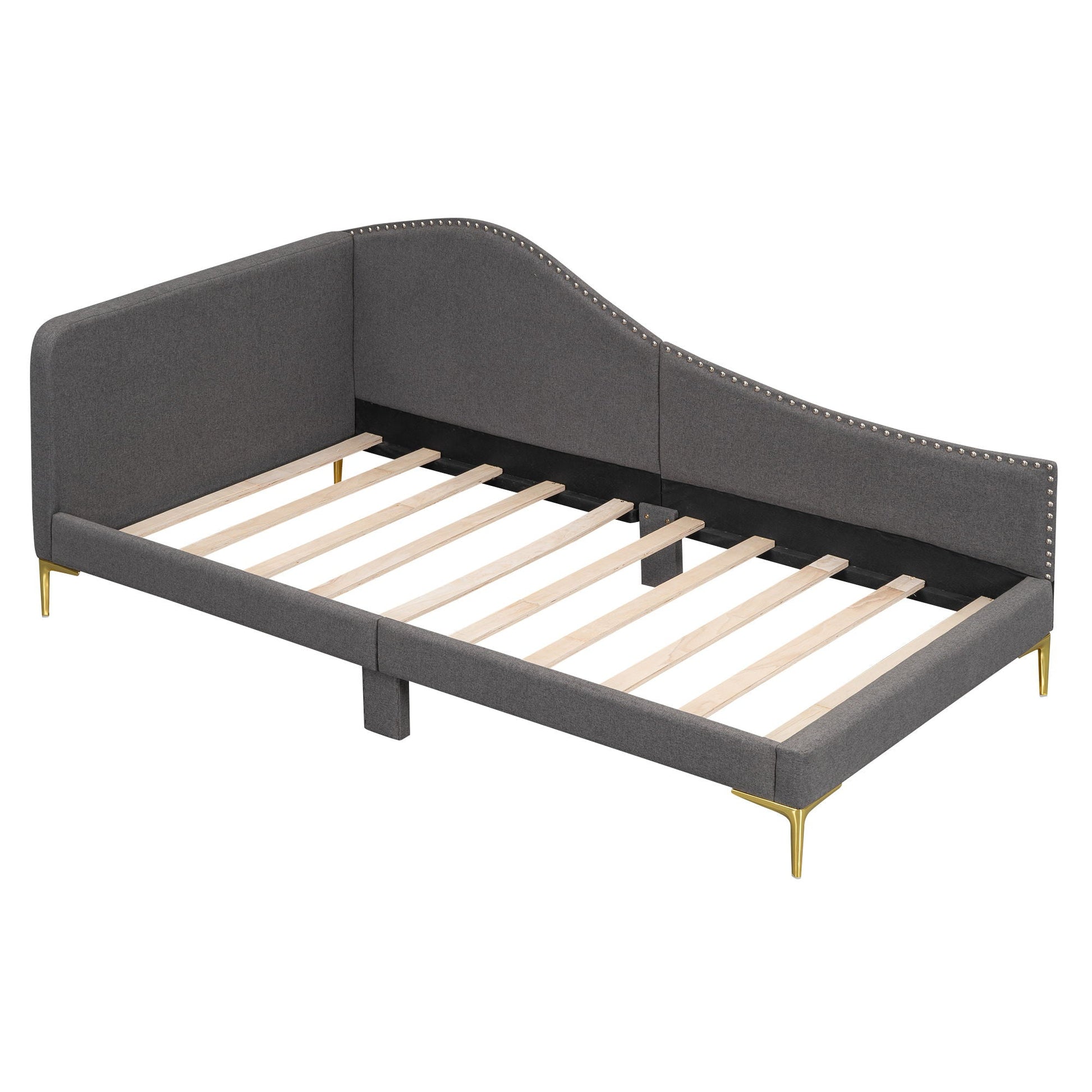 Upholstered daybed gray fabric curved headboard with nailhead trim and gold legs on Tampa Home & Garden Store