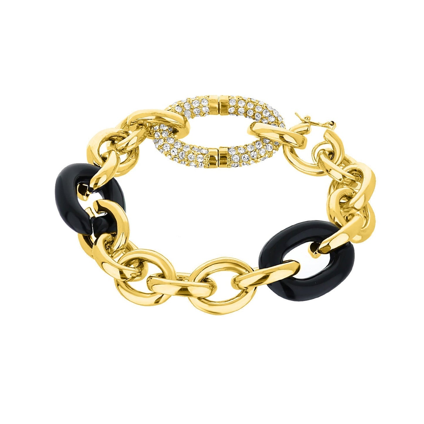 Bracelet by Lauren G Adams, gold-tone chain with black enamel rings and crystal accents on Tampa Home & Garden Store