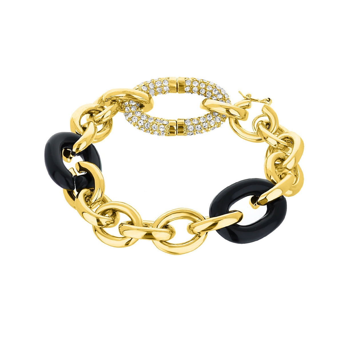 Bracelet by Lauren G Adams, gold-tone chain with black enamel rings and crystal accents on Tampa Home & Garden Store
