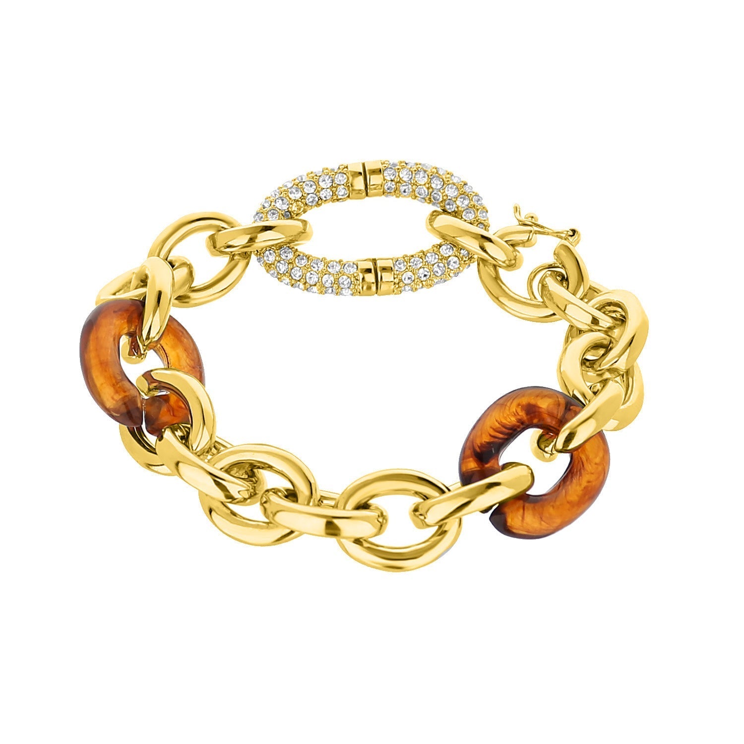 Players Club bracelet with gold chain links, tortoiseshell rings, crystal pavé centerpiece on Tampa Home & Garden Store