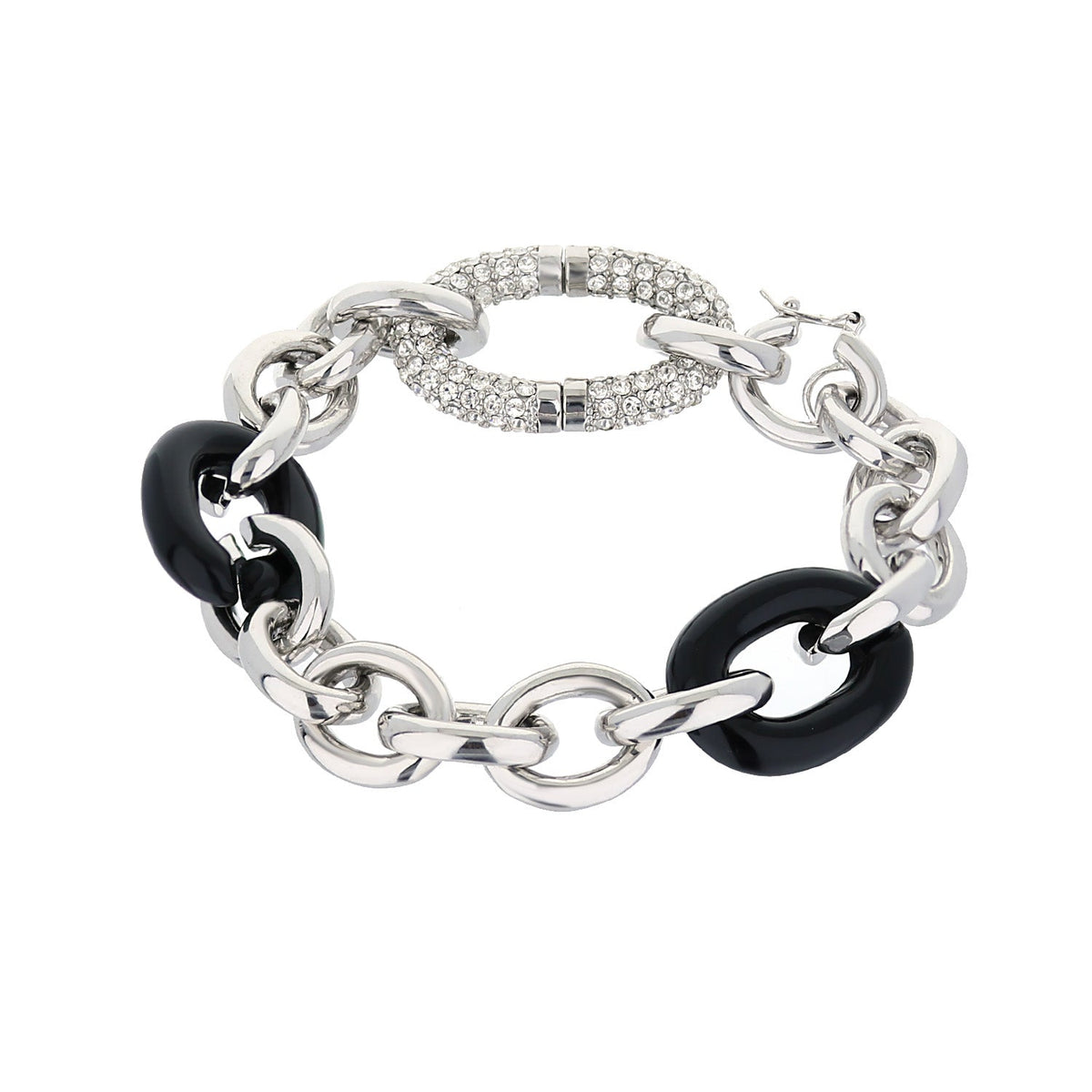 Statement bracelet Lauren G Adams with center, silver chain links and black enamel rings on Tampa Home & Garden Store