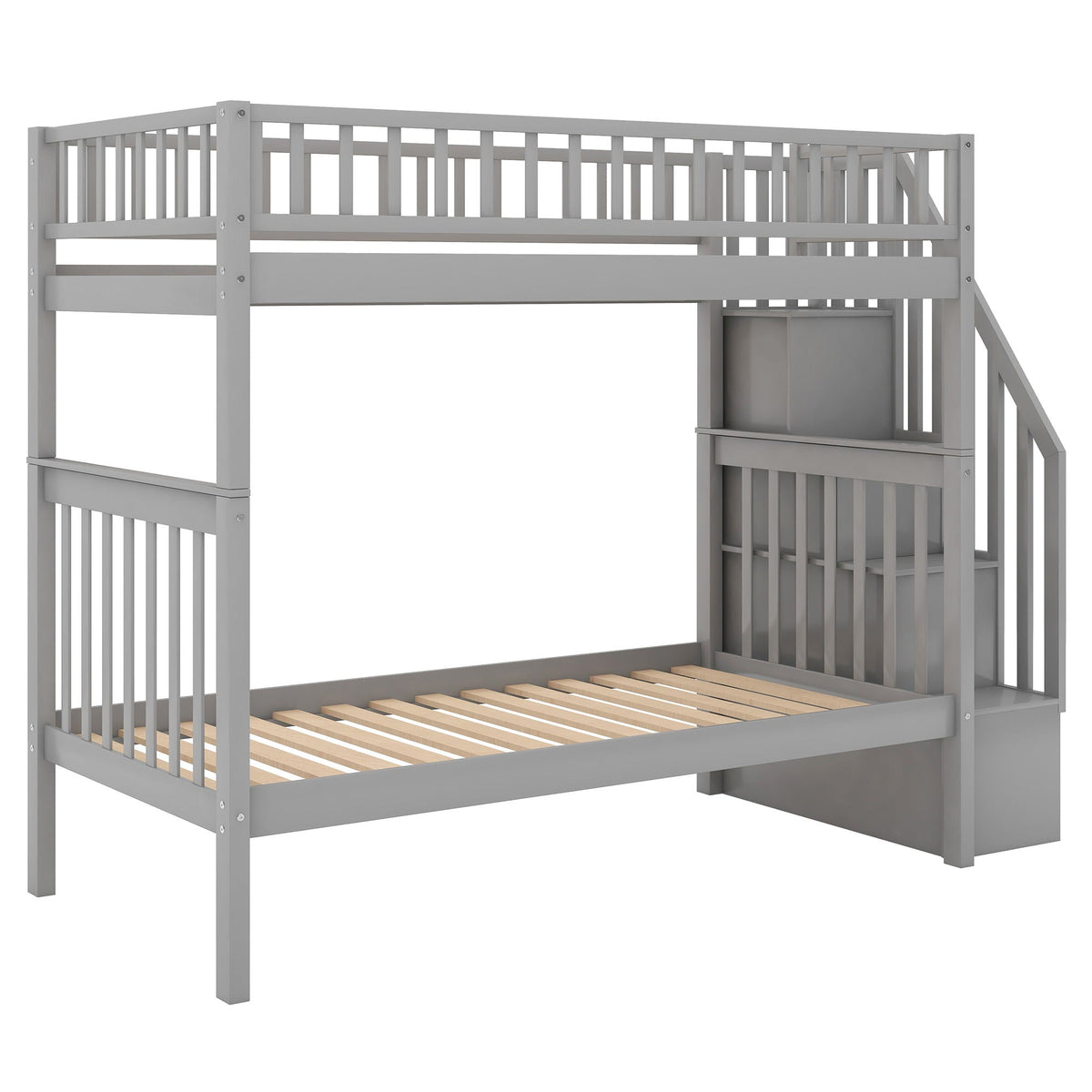 Bunk Bed With Staircase gray wooden frame with top safety rails by HouseOfZazla on Tampa Home & Garden Store