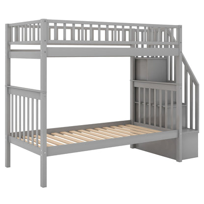Bunk Bed With Staircase gray wooden frame with top safety rails by HouseOfZazla on Tampa Home & Garden Store