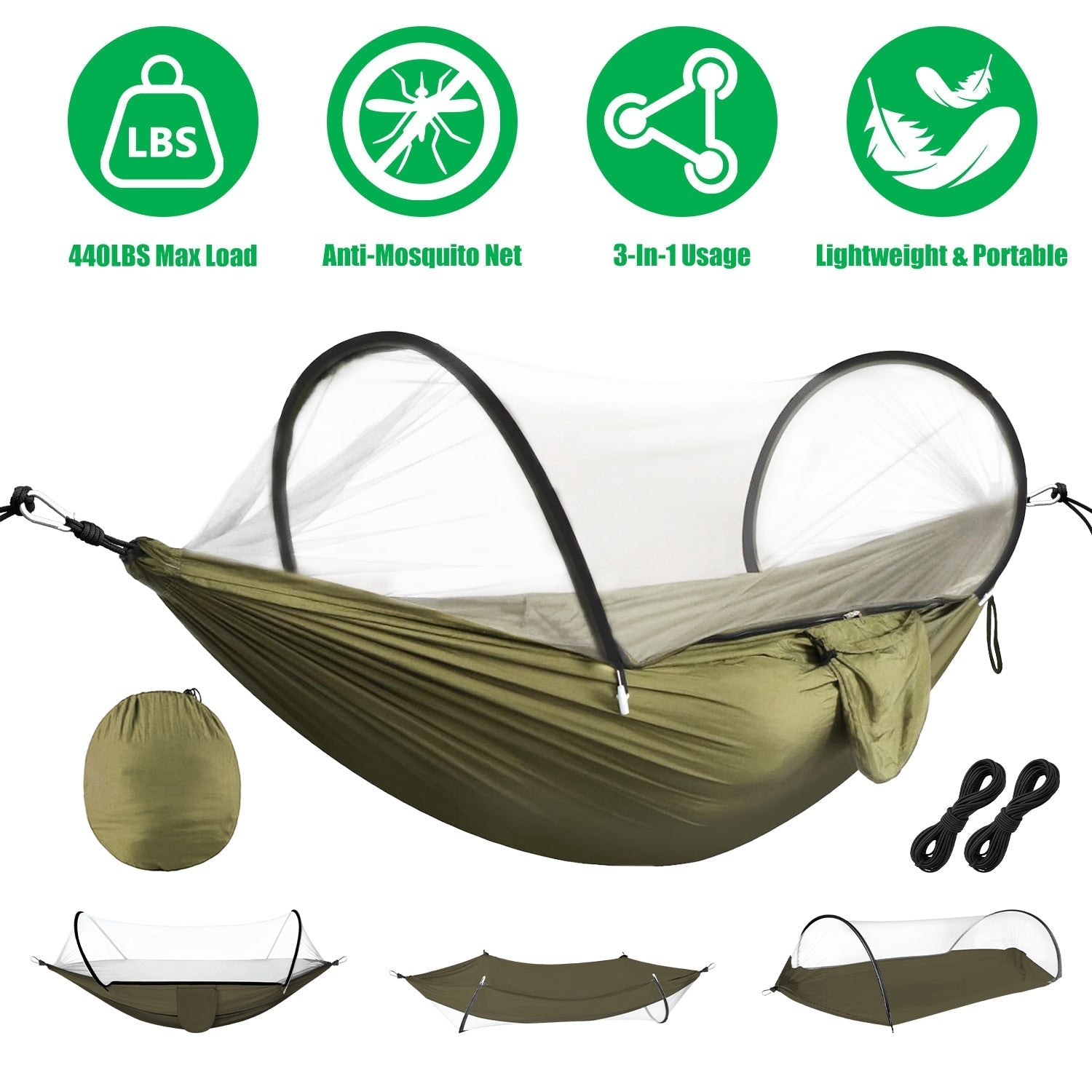 GemGear camping hammock with mosquito net, olive green, 440lbs max load, 3-in-1 portable on Tampa Home & Garden Store