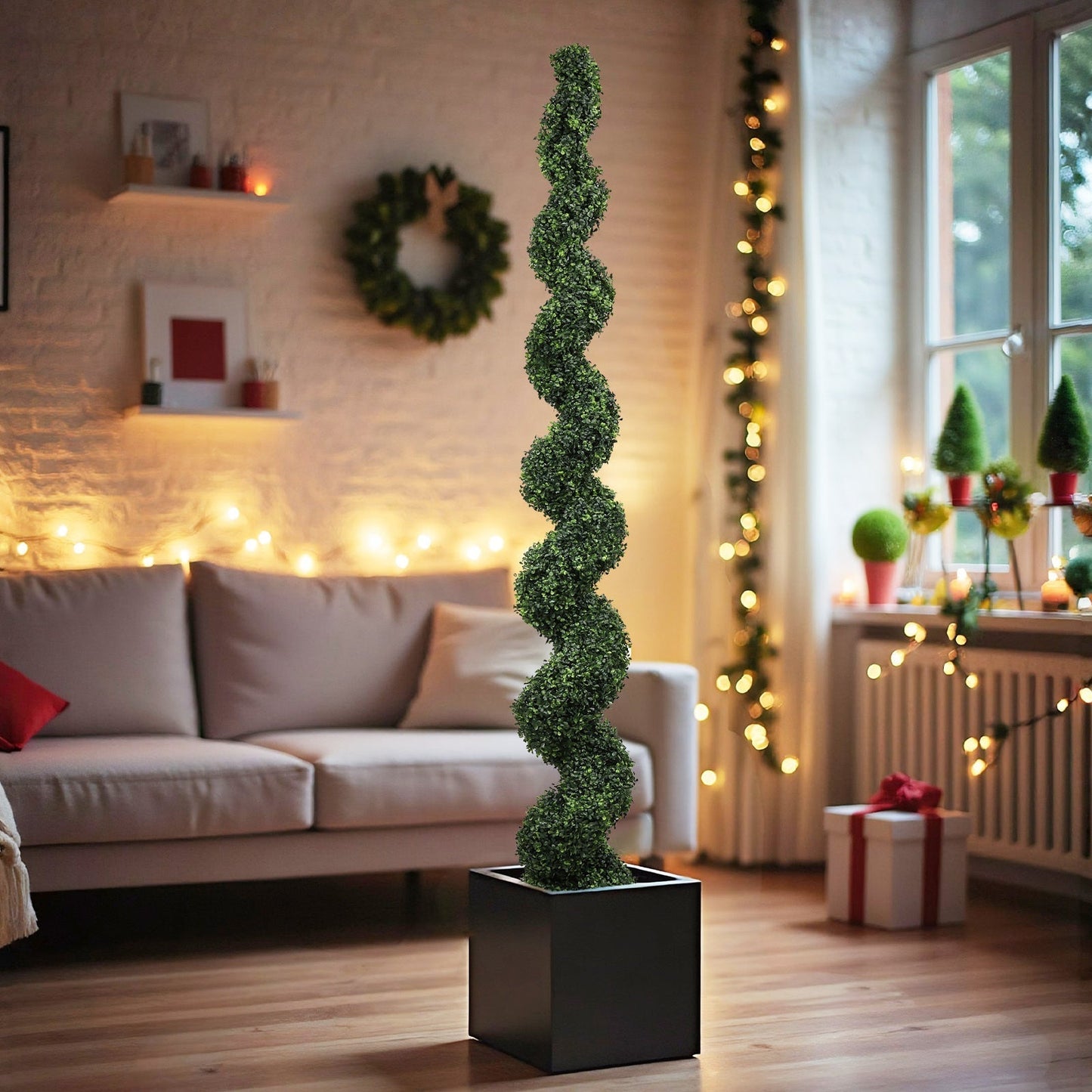 Faux spiral topiary plant in a black square pot for indoor decor by HouseOfZazla on Tampa Home & Garden Store