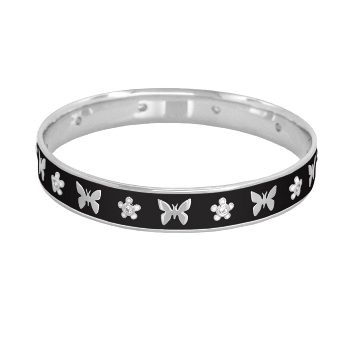 Butterfly World Bangle bracelet with black enamel band and butterfly and flower motifs on Tampa Home & Garden Store