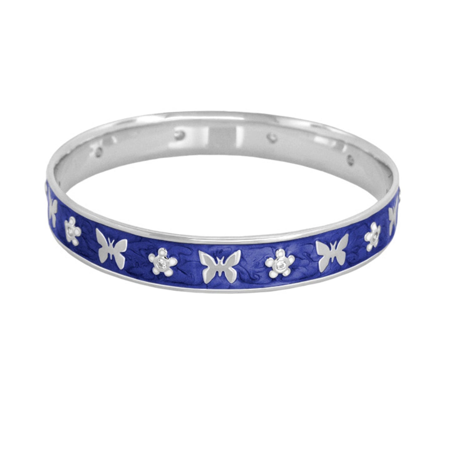 Butterfly World Bangle by Lauren G Adams in cobalt blue enamel with silver butterfly and flower motifs on Tampa Home & Garden Store