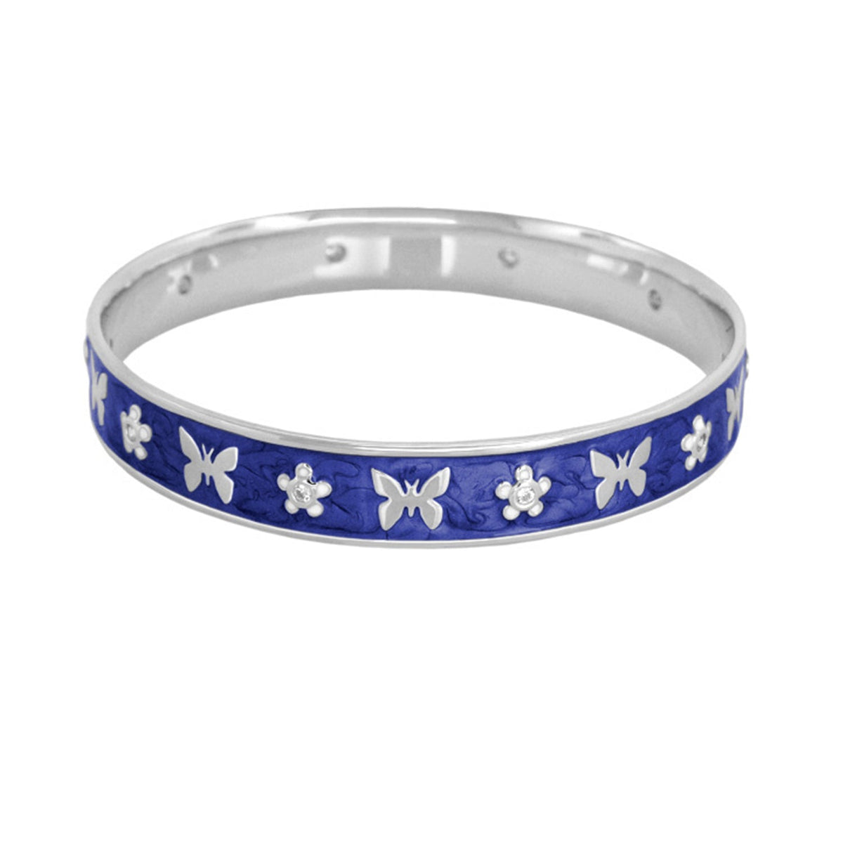 Butterfly World Bangle by Lauren G Adams in cobalt blue enamel with silver butterfly and flower motifs on Tampa Home & Garden Store