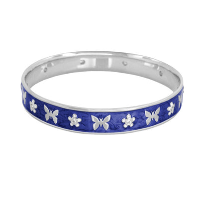 Butterfly World Bangle by Lauren G Adams in cobalt blue enamel with silver butterfly and flower motifs on Tampa Home & Garden Store