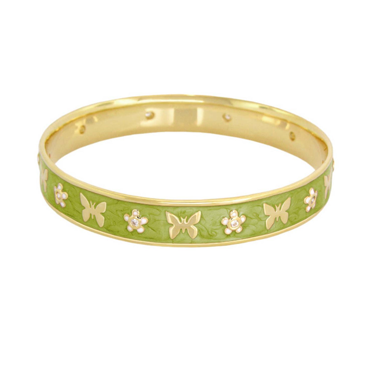 Butterfly World Bangle by Lauren G Adams, green enamel bracelet with gold butterfly motifs on Tampa Home & Garden Store
