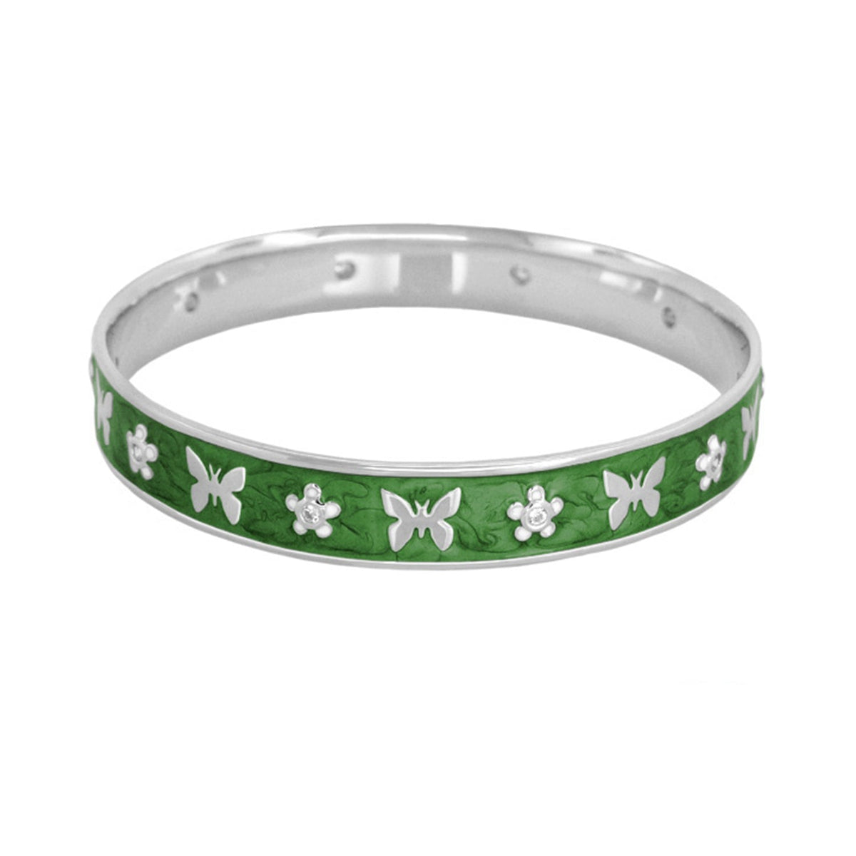 Butterfly World Bangle bracelet in green enamel with silver butterflies and flower motifs on Tampa Home & Garden Store