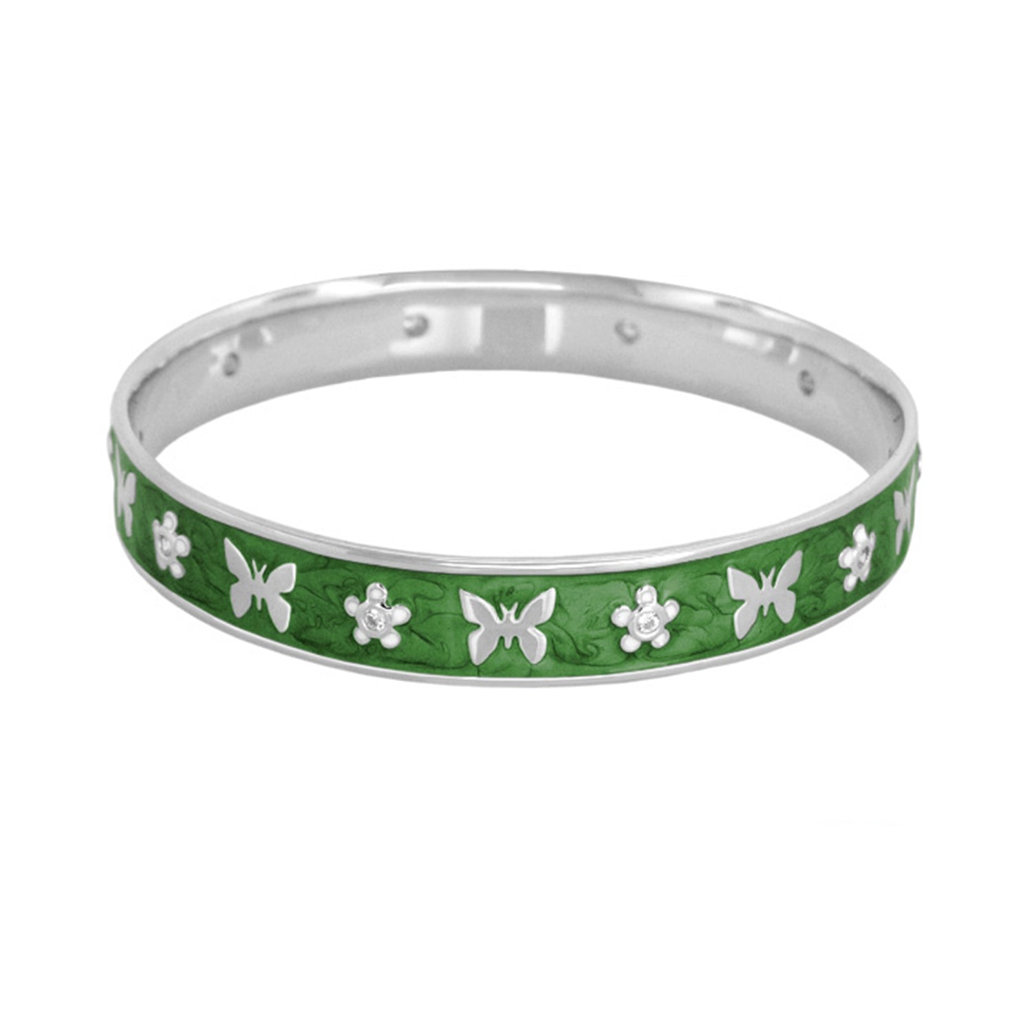 Butterfly World Bangle bracelet in green enamel with silver butterflies and flower motifs on Tampa Home & Garden Store