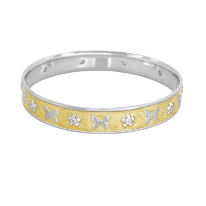 Butterfly World Bangle bracelet with gold center panel and silver butterfly motifs along band on Tampa Home & Garden Store