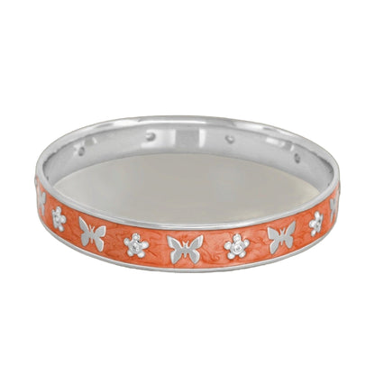 Butterfly World Bangle bracelet orange with white floral pattern and silver edge by Lauren G Adams on Tampa Home & Garden Store