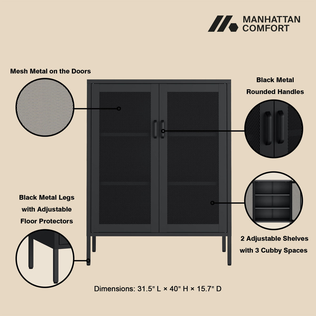 Metal accent cabinet Manhattan Comfort mesh doors black finish adjustable shelves unit on Tampa Home & Garden Store