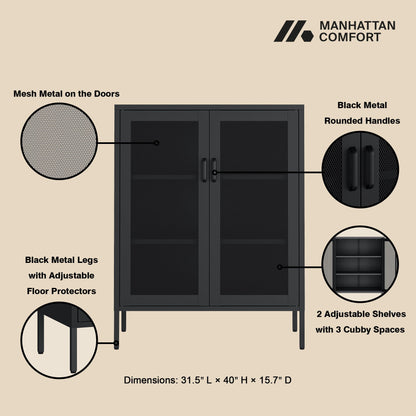 Metal accent cabinet Manhattan Comfort mesh doors black finish adjustable shelves unit on Tampa Home & Garden Store