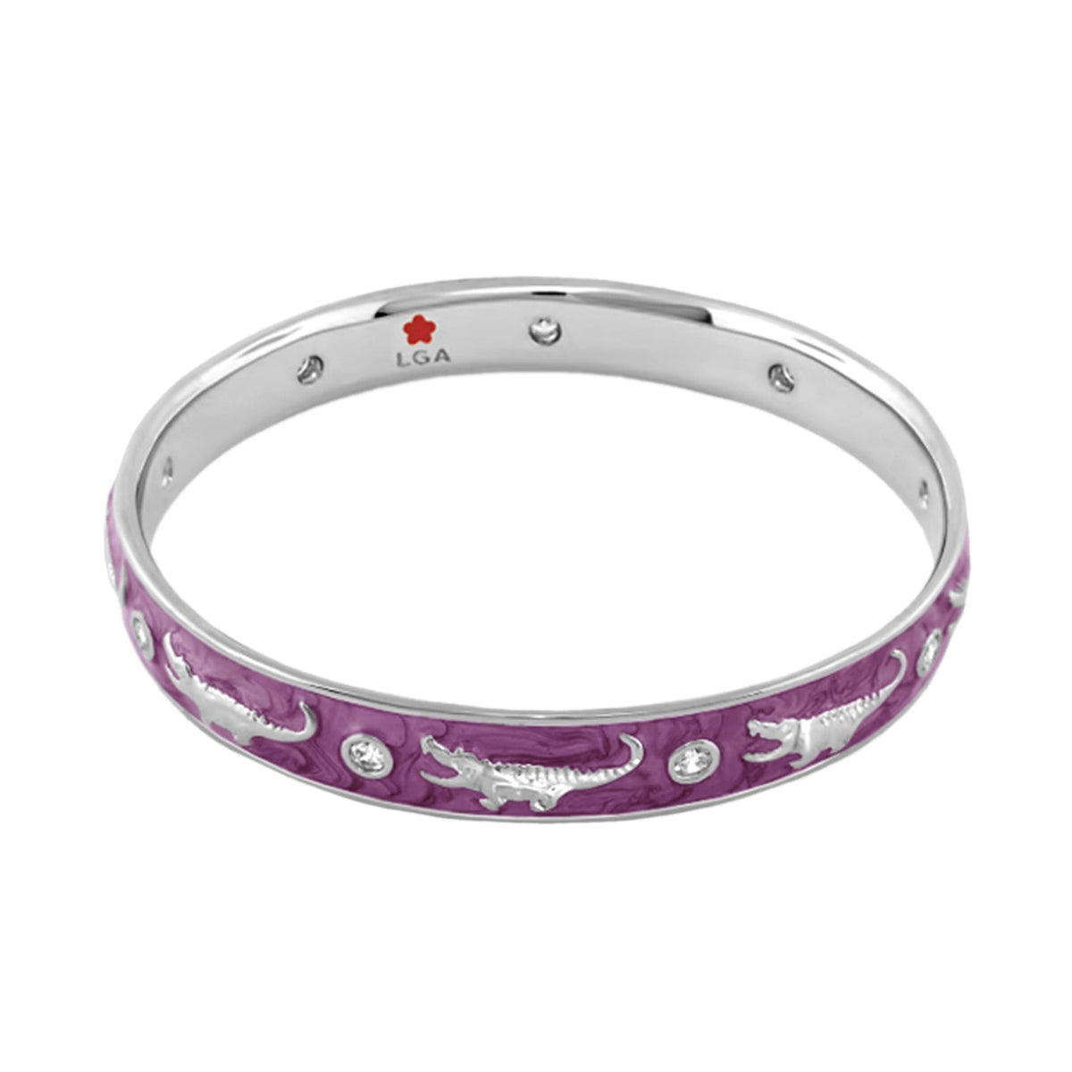 Animal Paradise Bangle by Lauren G Adams, purple enamel with crocodile motifs on Tampa Home & Garden Store