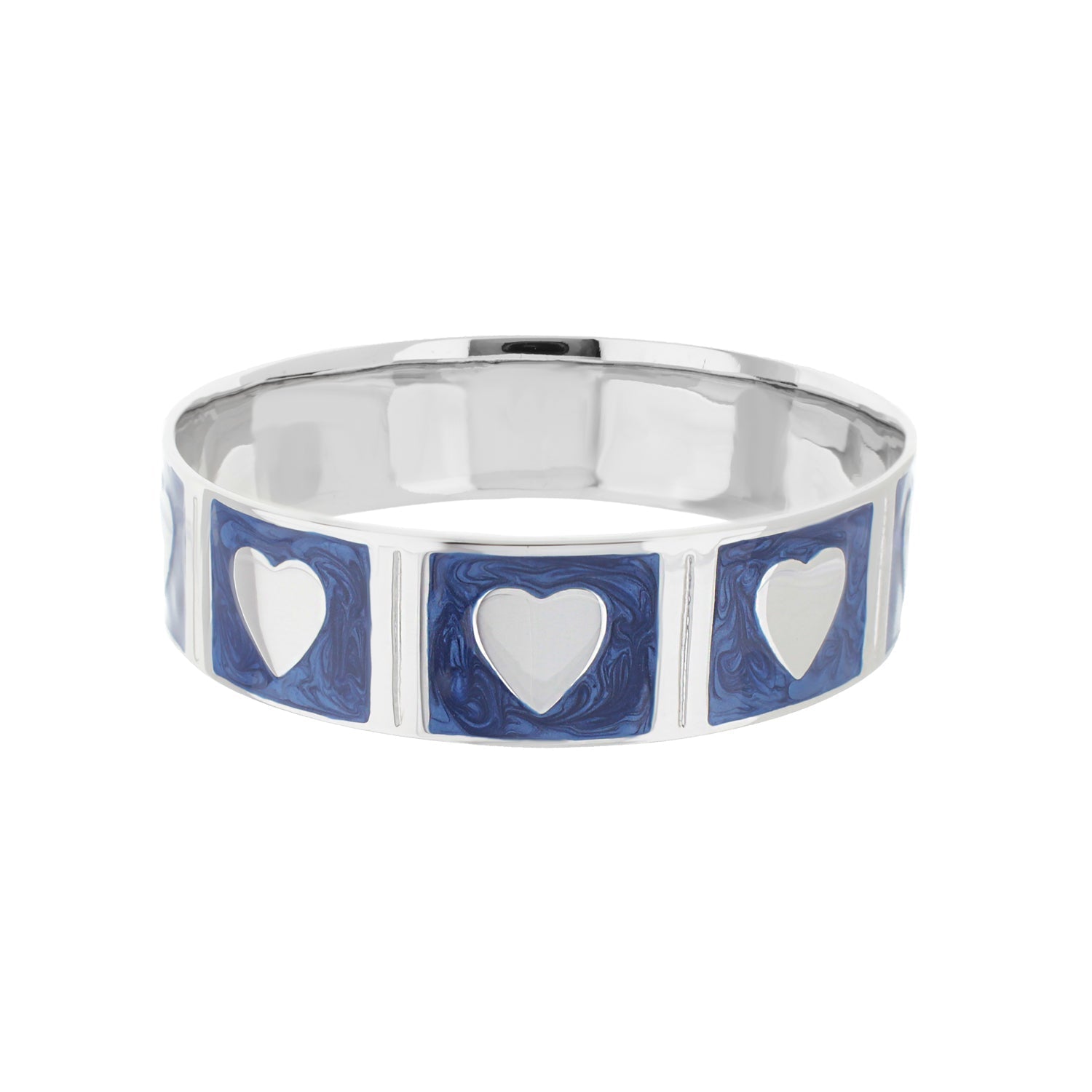 Lots of Love Bangle by Lauren G Adams, silver bracelet with blue enamel heart panels on Tampa Home & Garden Store