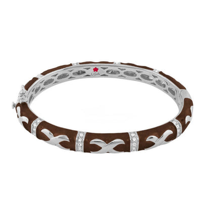 Elegant Hugs Bangle by Lauren G Adams, wide silver bracelet with brown leather inlay on Tampa Home & Garden Store