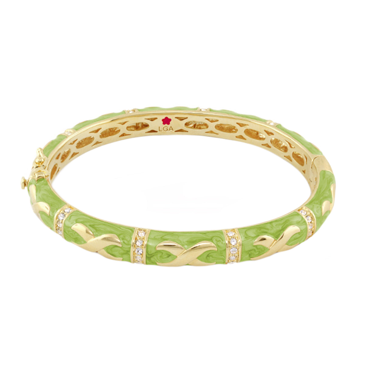 Elegant Hugs Bangle Lauren G Adams, wide gold-tone bracelet with lime-green enamel and crystals on Tampa Home & Garden Store