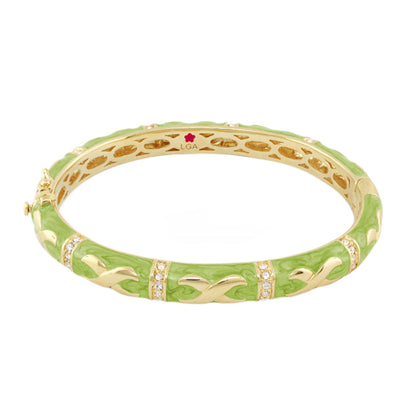 Elegant Hugs Bangle Lauren G Adams, wide gold-tone bracelet with lime-green enamel and crystals on Tampa Home & Garden Store
