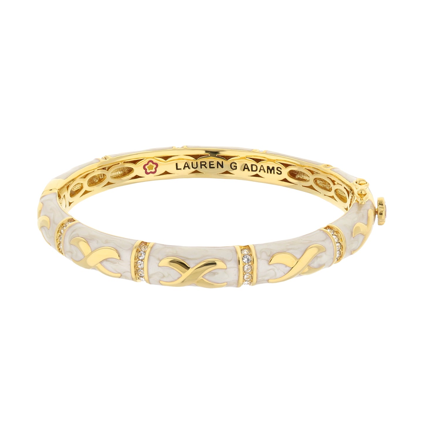 Elegant Hugs Bangle by Lauren G Adams, gold-tone wide bracelet with marbled white enamel on Tampa Home & Garden Store