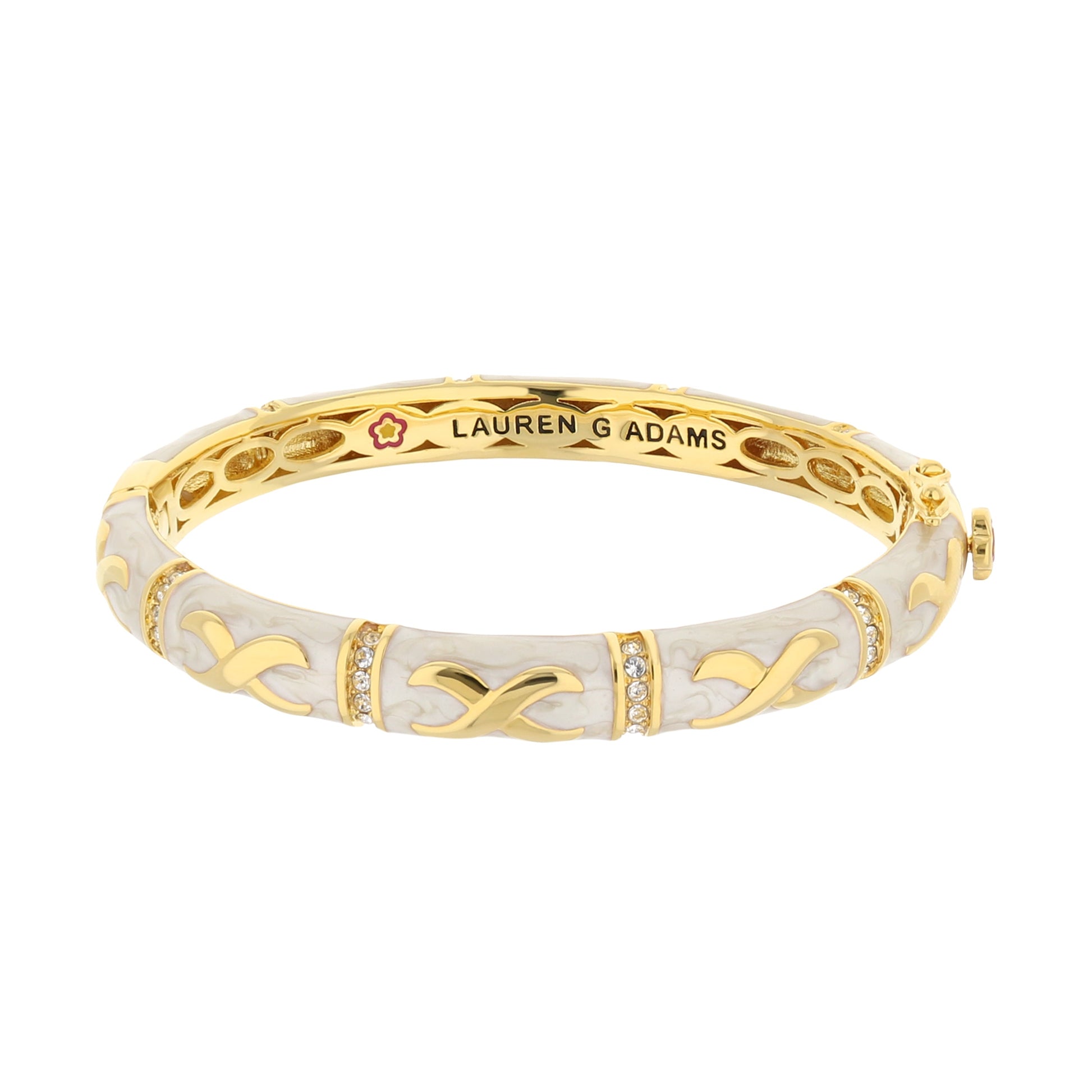 Elegant Hugs Bangle by Lauren G Adams, gold-tone wide bracelet with marbled white enamel on Tampa Home & Garden Store