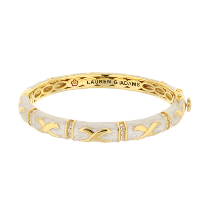 Elegant Hugs Bangle by Lauren G Adams, gold-tone wide bracelet with marbled white enamel on Tampa Home & Garden Store
