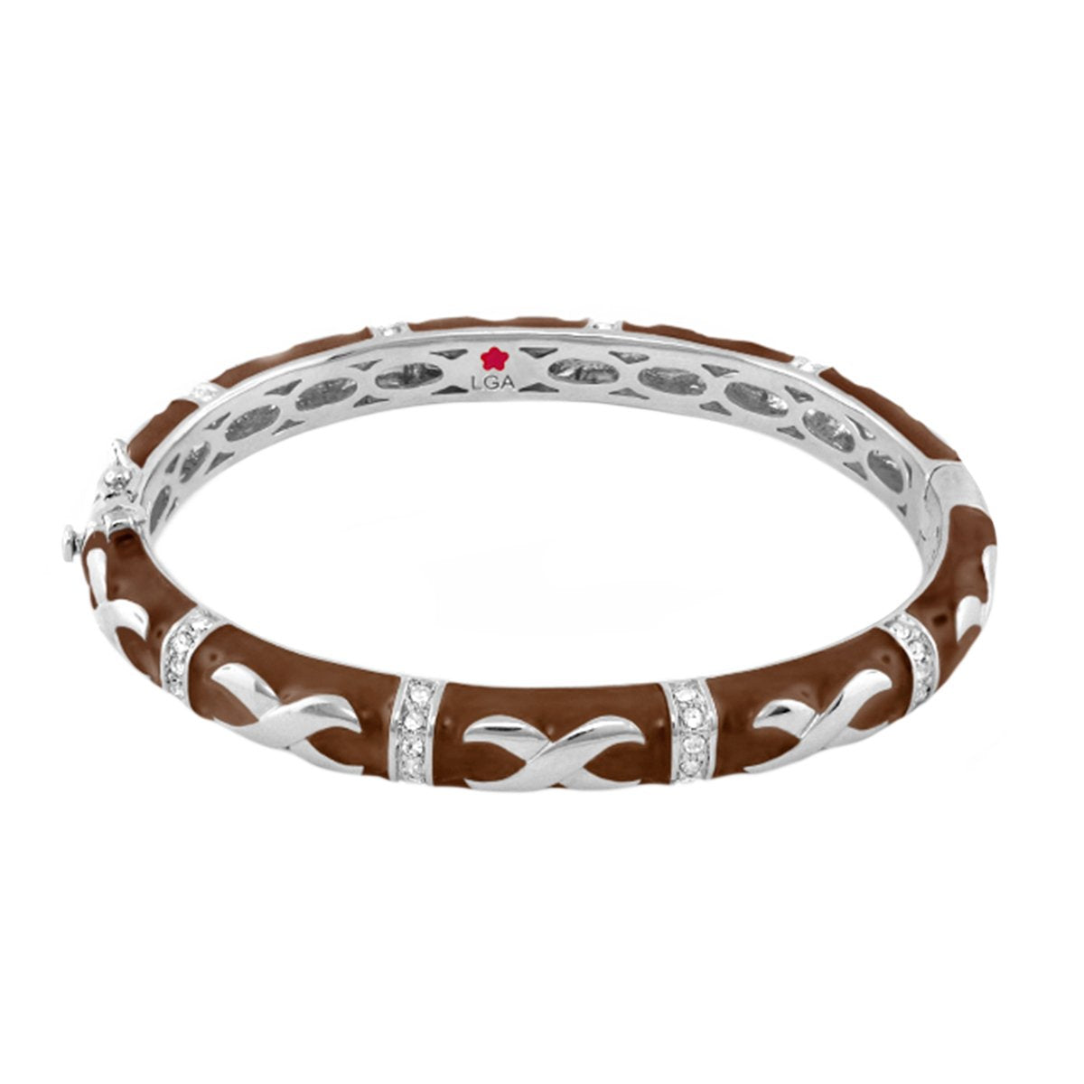 Elegant Hugs Bangle Wide Contrast X by LGA, two-tone silver and brown with pavé crystals on Tampa Home & Garden Store