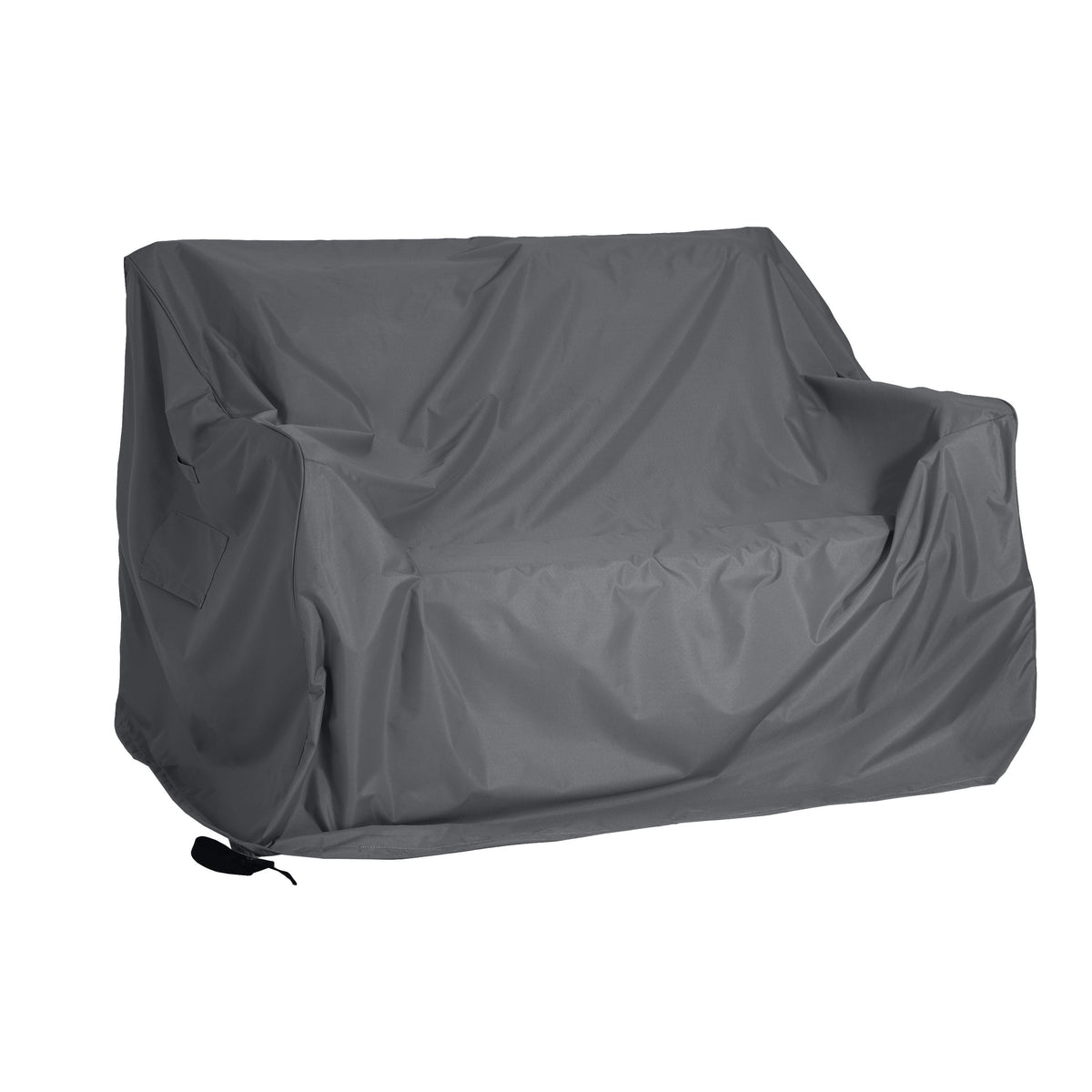 Shield Outdoor Loveseat Sofa Cover Dark Gray draped over a stationary loveseat on Tampa Home & Garden Store