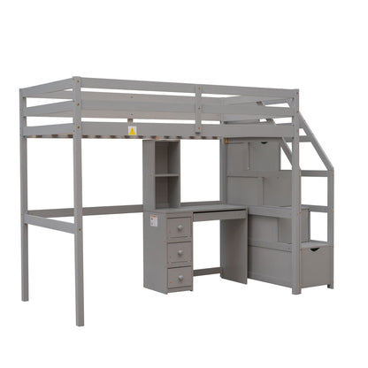 Loft bed with standalone bed, grey wood frame, storage staircase, desk and drawers HouseOfZazla on Tampa Home & Garden Store