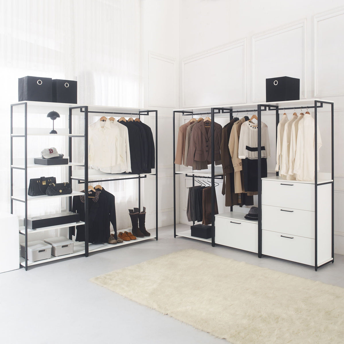White walk-in wardrobe with adjustable shelves and powder-coated metal frame HouseOfZazla on Tampa Home & Garden Store