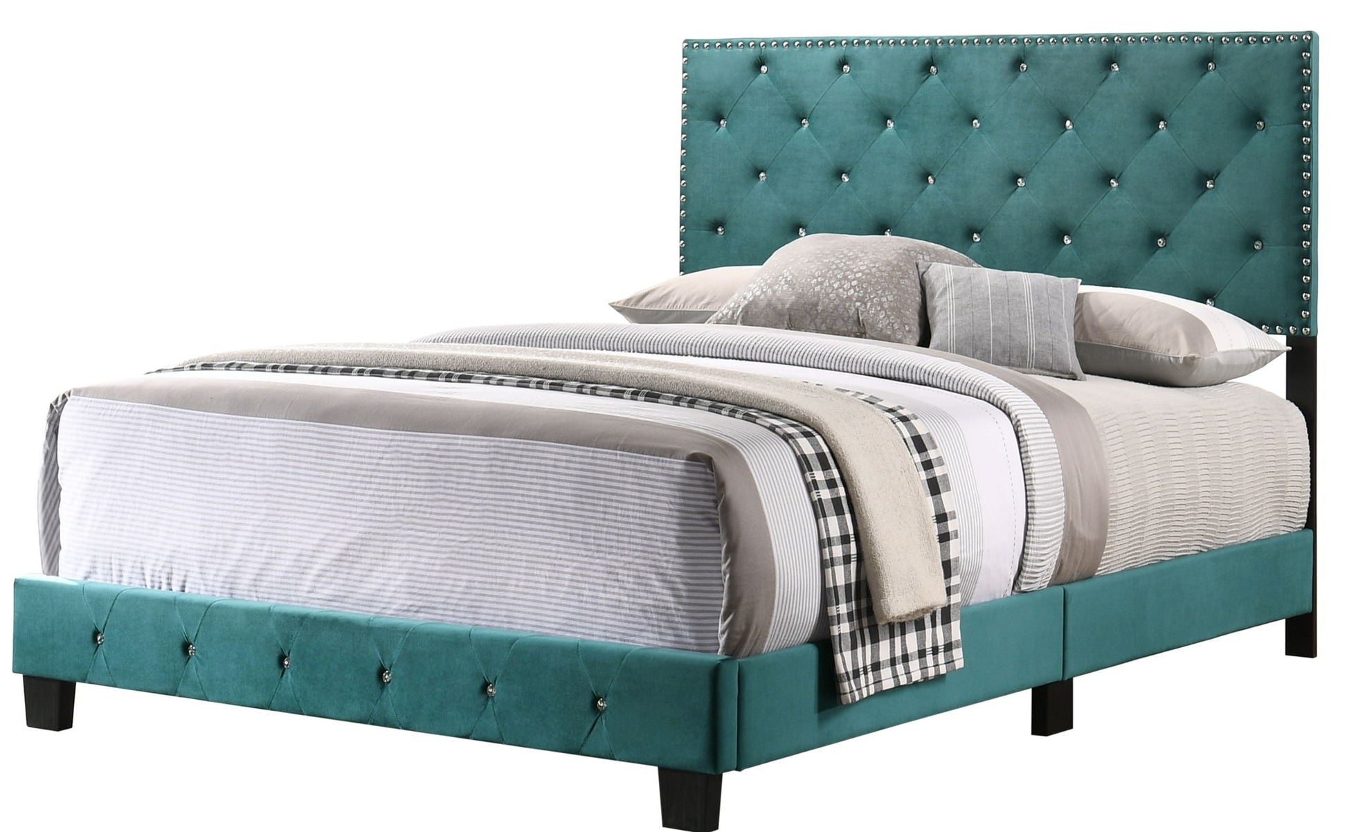 Luxurious Upholstered Bed with teal velvet headboard, diamond tufting, and silver nailhead trim on Tampa Home & Garden Store