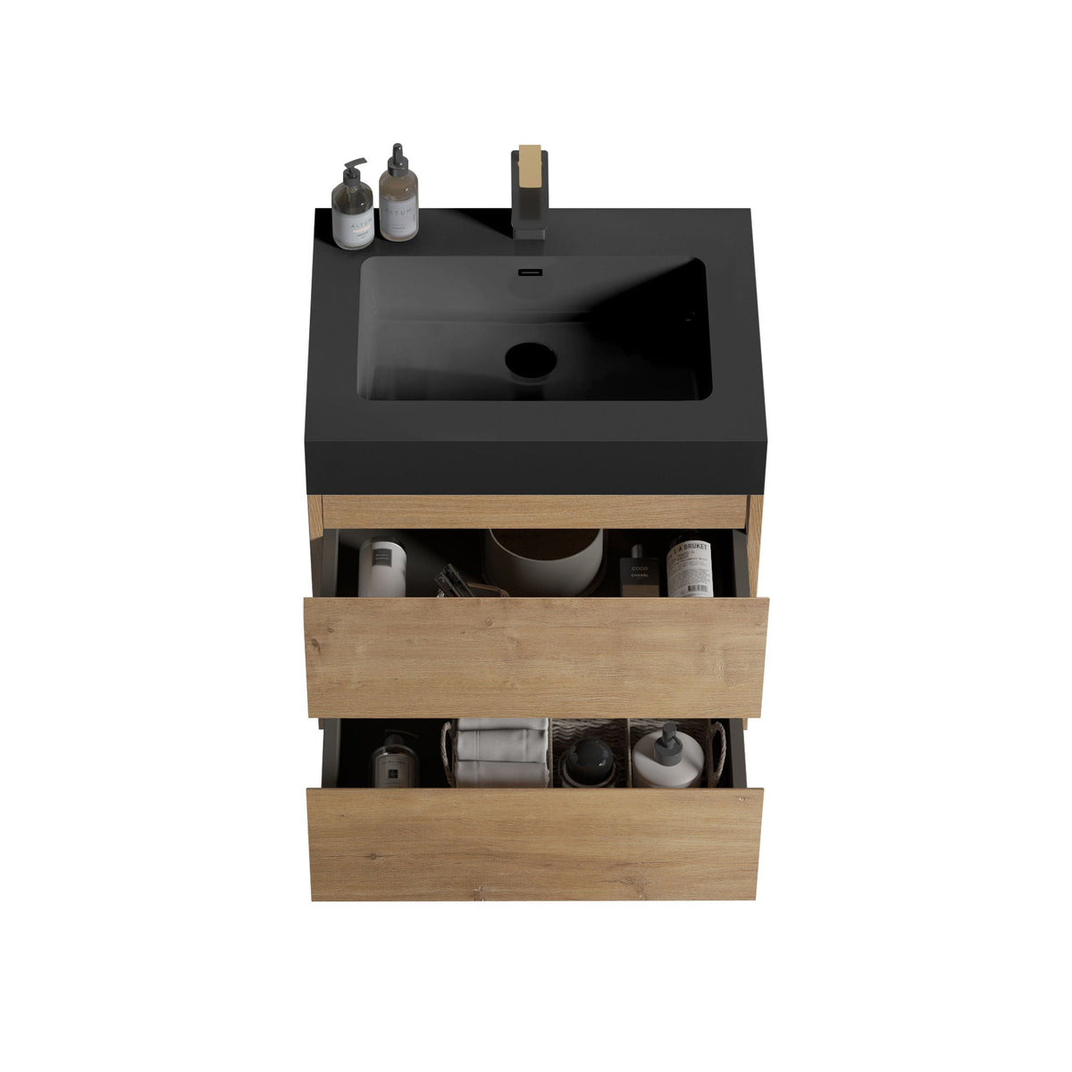 Natural Oak Bathroom Vanity with Floating Quartz Sink by HouseOfZazla, light brown oak, black countertop on Tampa Home & Garden Store