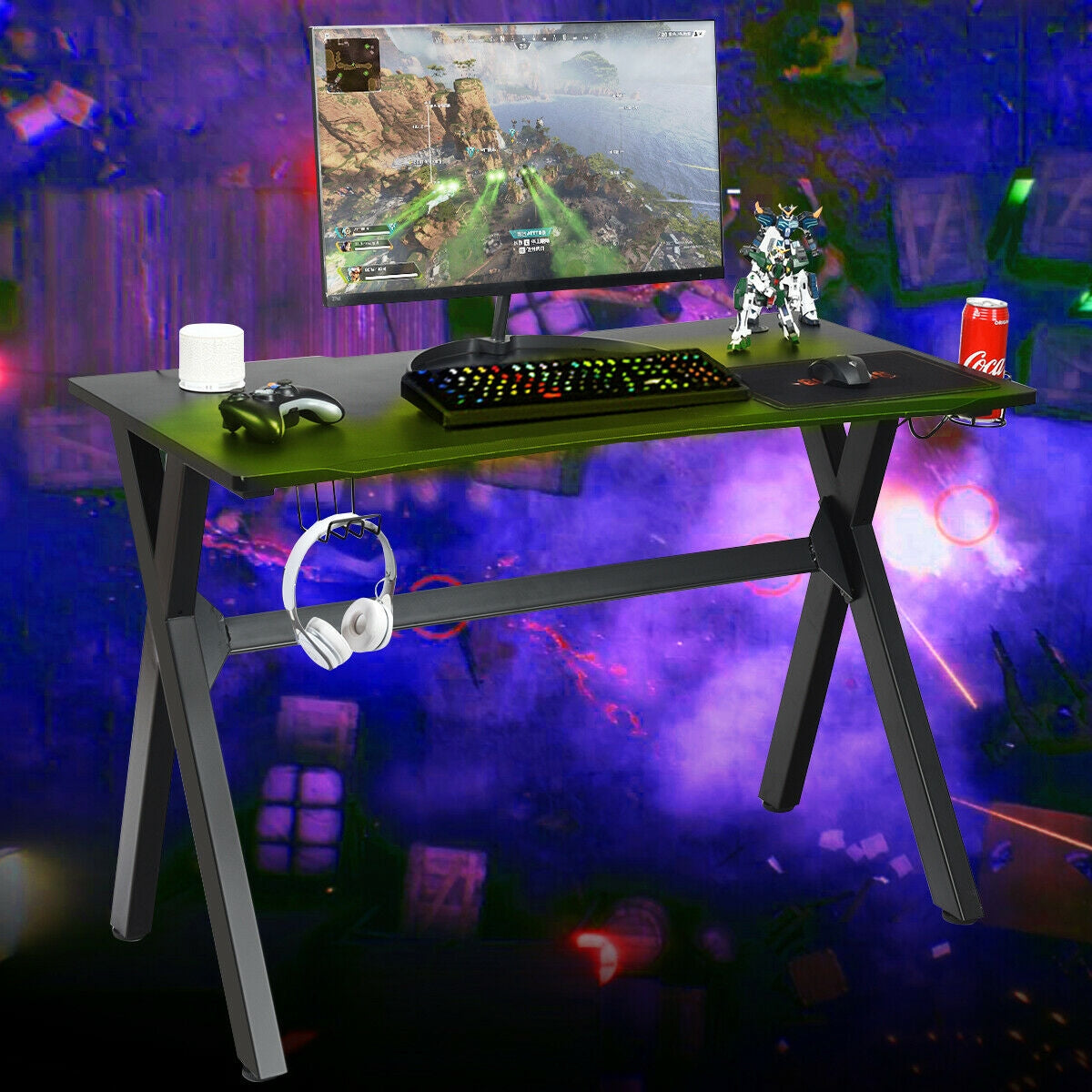 Escritorio de juegos ergonómico con alfombrilla para ratón y soporte para auriculares y vasos