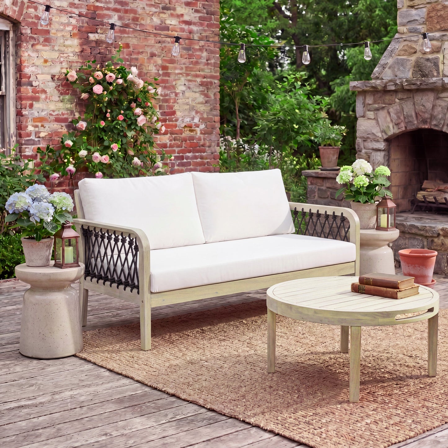 Outdoor Acacia Wood Loveseat and Coffee Table Set