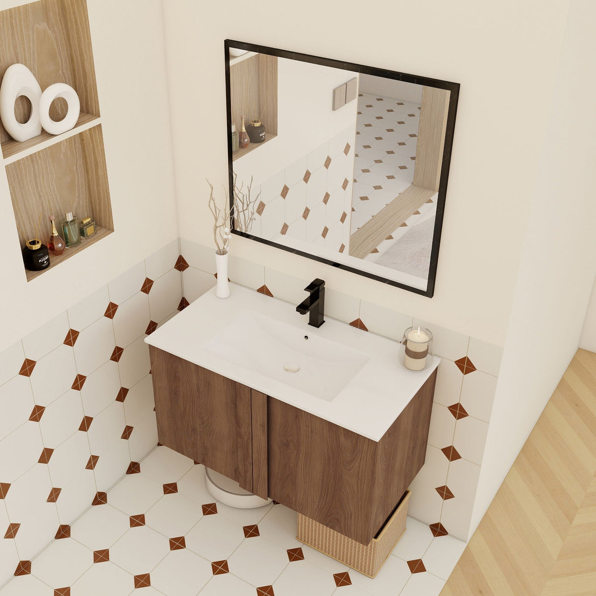 Floating bathroom vanity with sink in brown wood finish and a large black-framed mirror on Tampa Home & Garden Store