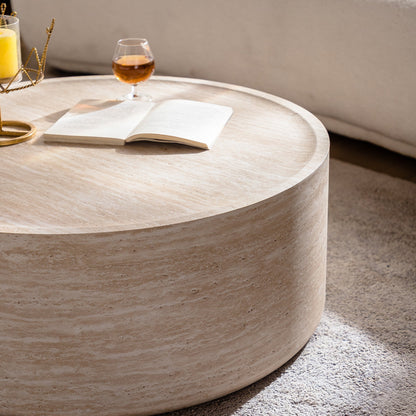 31.5'' Round Coffee Table with Mars Pattern, beige stone-textured top by HouseOfZazla on Tampa Home & Garden Store