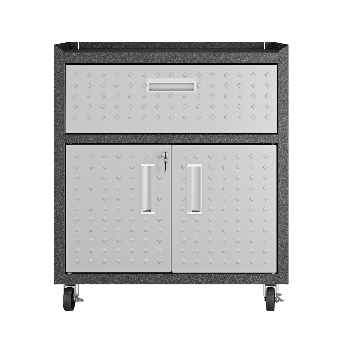 Mobile Garage Cabinet with Locking System by HouseOfZazla, gray metal diamond-plate wheels on Tampa Home & Garden Store