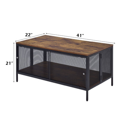 Winam coffee table in antique oak finish with black metal frame and mesh panels on Tampa Home & Garden Store