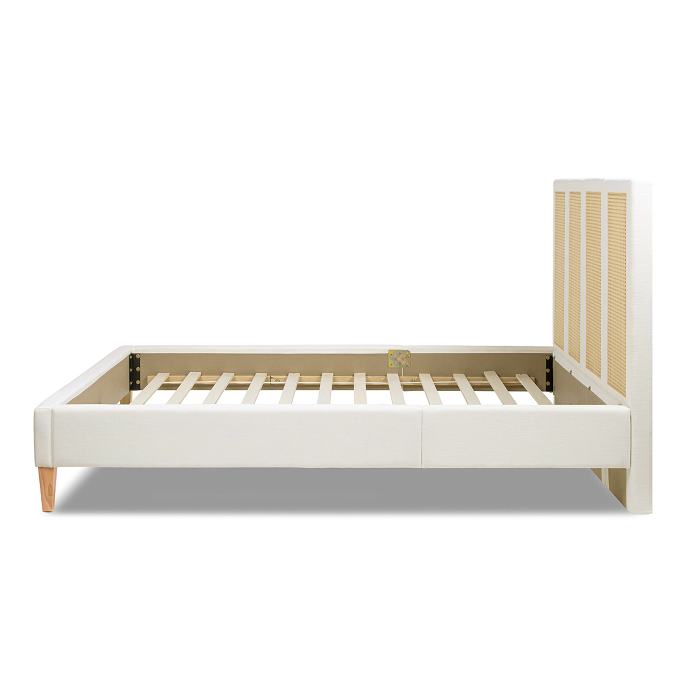 Toscana Queen Upholstered Cane Back Platform Bed with white frame and slat platform on Tampa Home & Garden Store