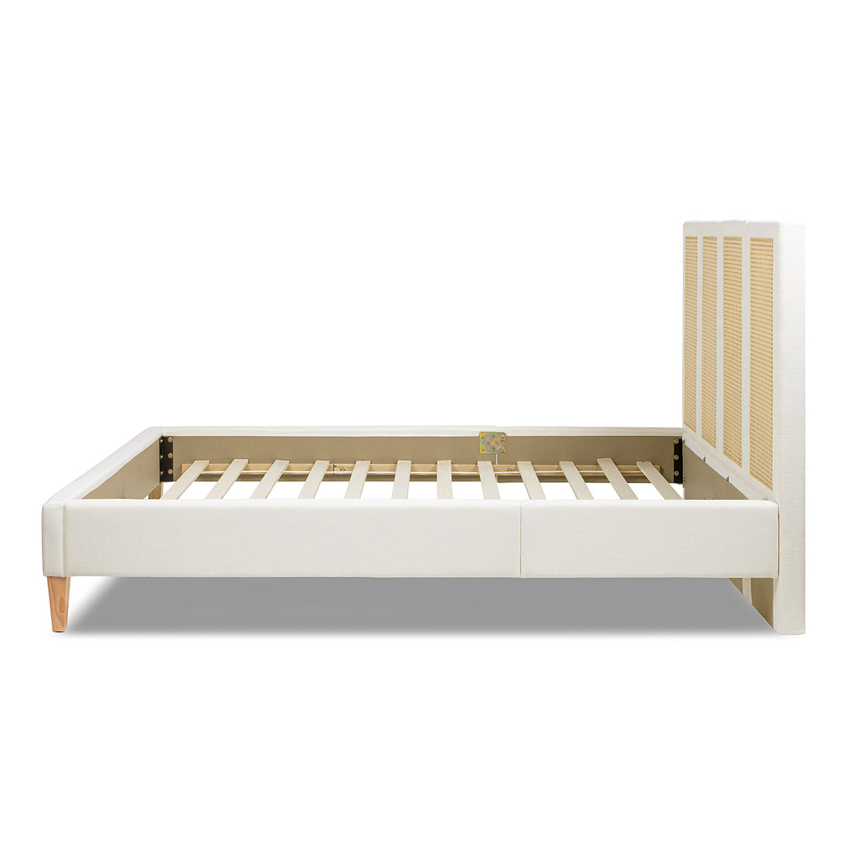 Toscana Queen Upholstered Cane Back Platform Bed with white frame and slat platform on Tampa Home & Garden Store