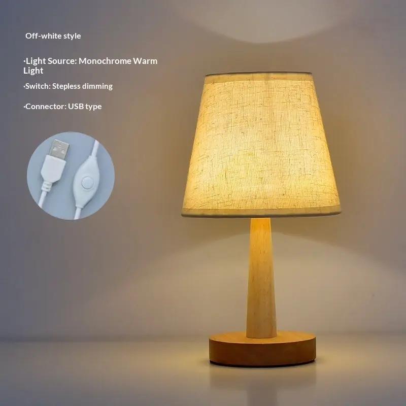 Solid wood LED bedside lamp with off-white fabric shade and stepless dimming USB on Tampa Home & Garden Store