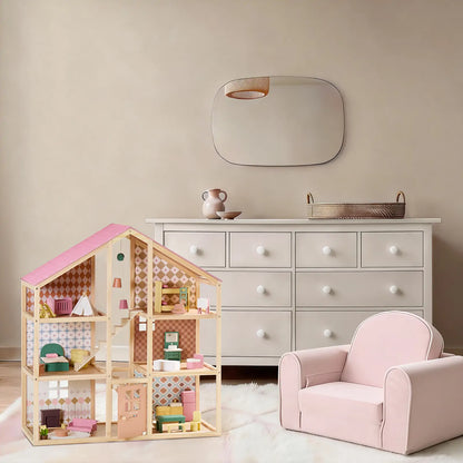 Tiny Land Sweetwood Pegasus Dollhouse in natural wood with pink accents and wooden dolls on Tampa Home & Garden Store