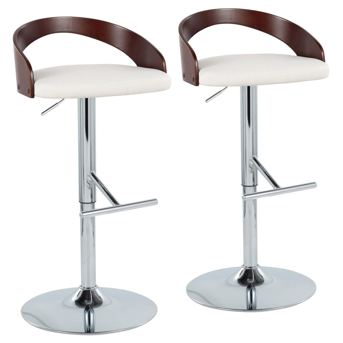 Contemporary adjustable-height swivel barstool set dark wood back white seats chrome bases (2) on Tampa Home & Garden Store