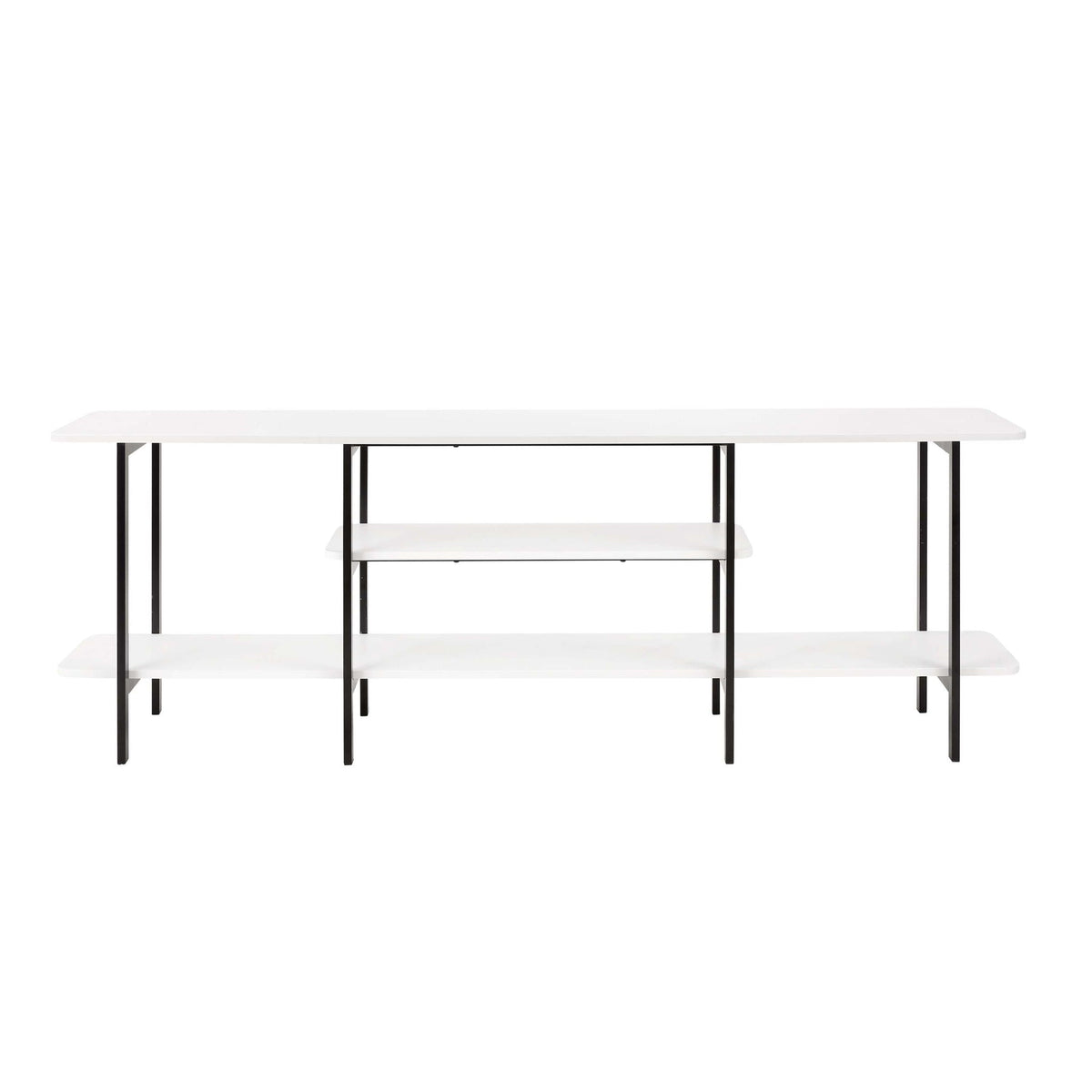 Celine 3-shelf console table with white wood veneer top and black metal frame on Tampa Home & Garden Store